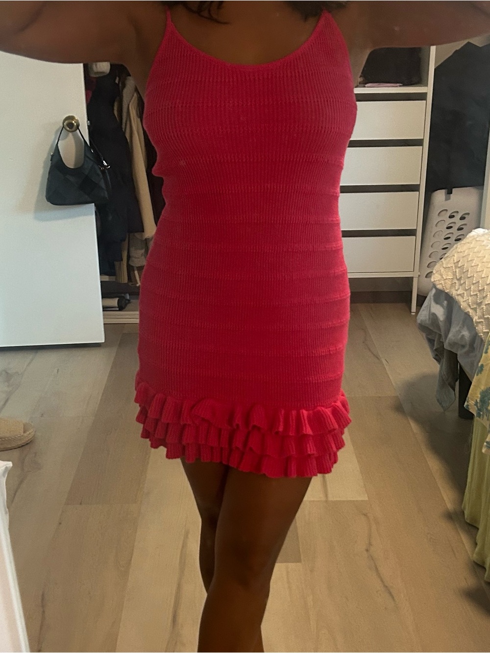 White Fox Boutique Hot Pink Ruffled Knit Mini Dress
